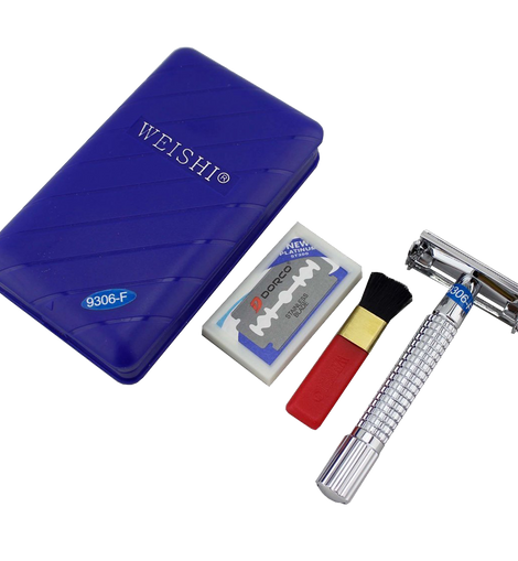 Weishi 9306F Chrome Plated Butterfly Double Edge Safety Razor with Plastic Travel Case